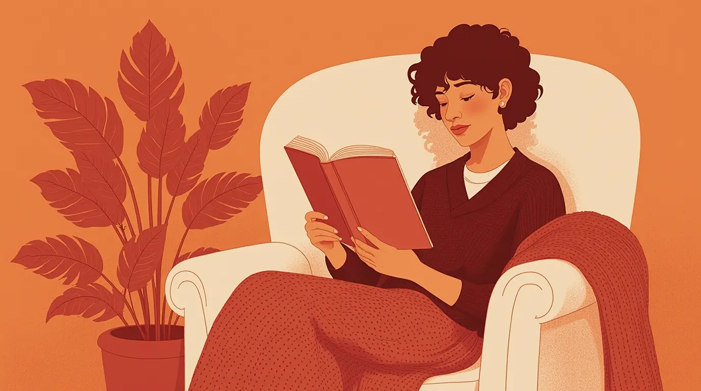 Leitura e saúde mental. Pessoa lendo um livro tranquilamente em poltrona ao lado de uma planta, em ambiente calmo e acolhedor.