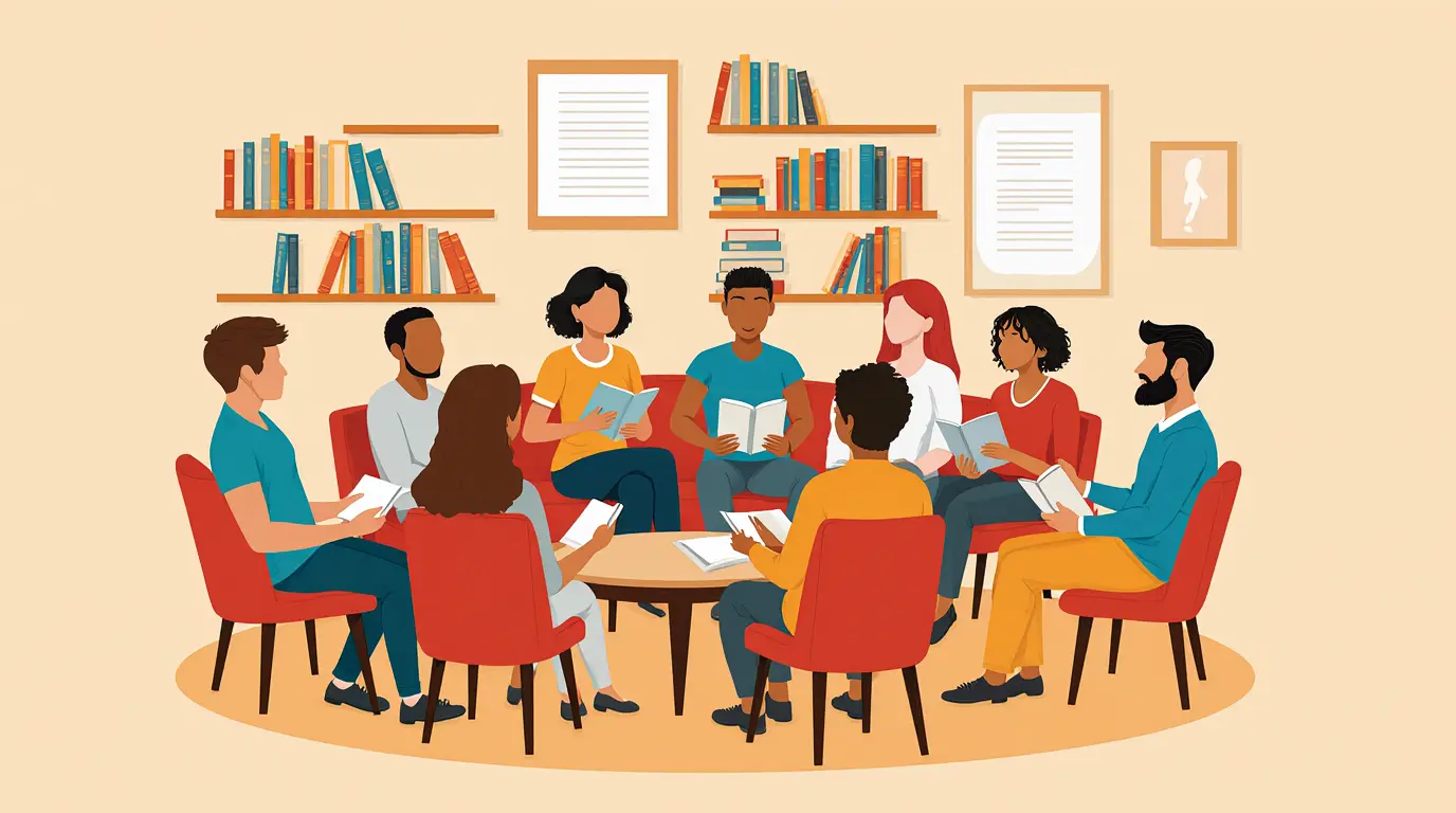 Grupo discutindo livros em círculo, representando clubes de leitura e cidadania.