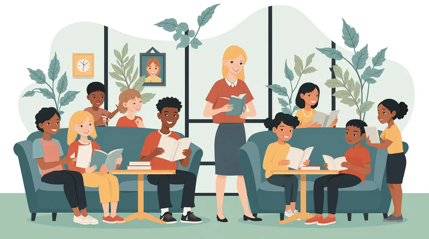 Leitores de todas as idades em biblioteca simples, simbolizando bibliotecas comunitárias e inclusão social.