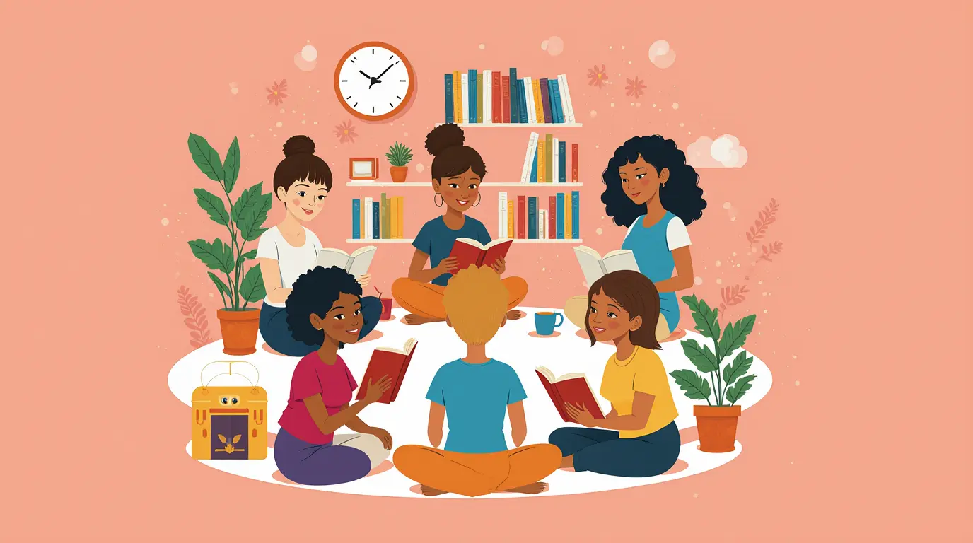 Literatura e empoderamento feminino. Grupo de mulheres diversas lendo juntas em roda, trocando experiências com livros em mãos, em espaço acolhedor.