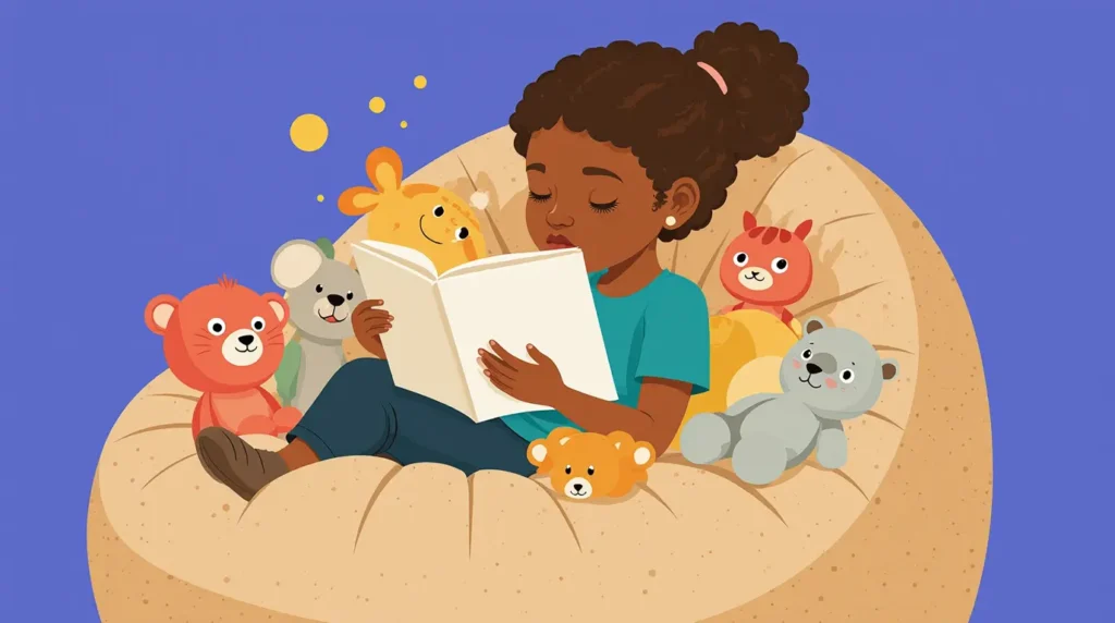 Literatura infantil e desenvolvimento emocional. Criança lendo livro ilustrado em um ambiente acolhedor, com expressões de encantamento e conexão emocional.