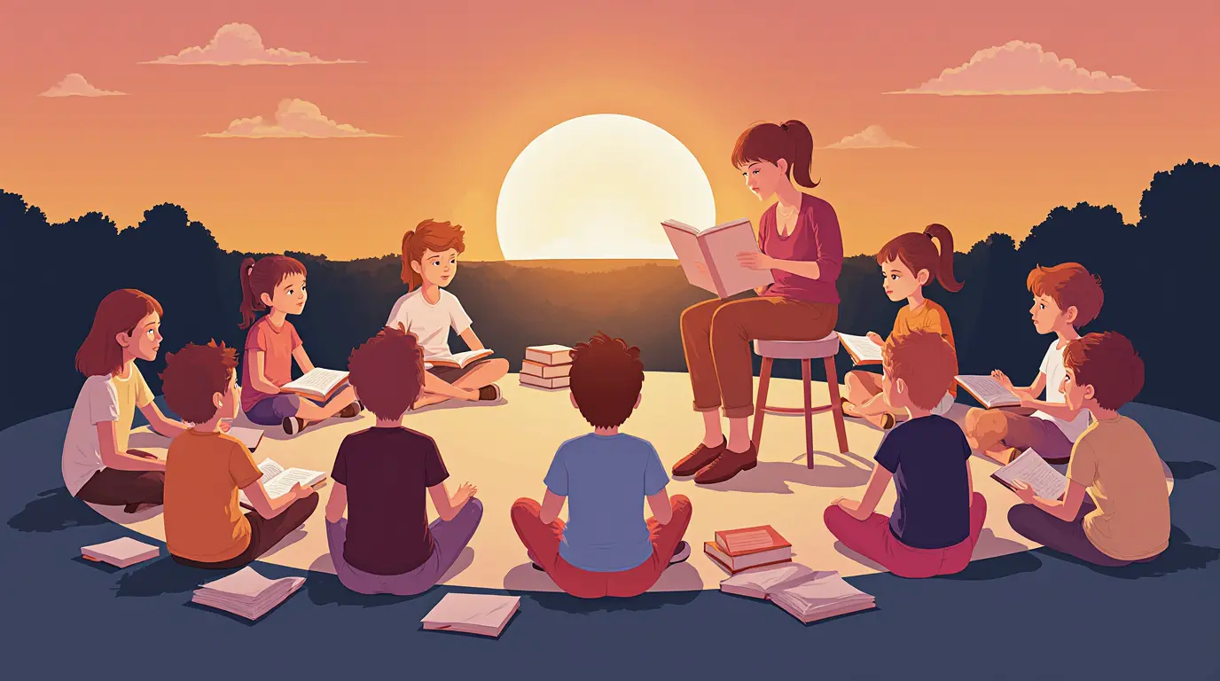 Crianças ouvindo histórias com atenção em roda, em ambiente acolhedor e colorido. histórias na formação infantil